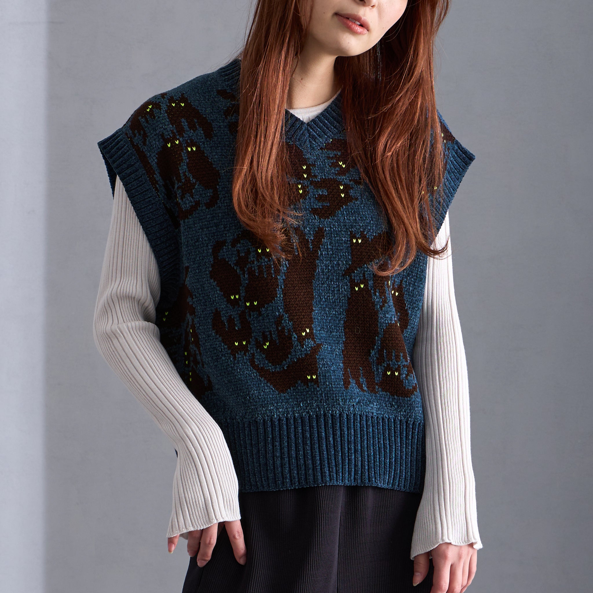 【うな】JFFC星座柄ネイビー 丸底前Pトート セミオーダー分 NYW015【NYANDER KNIT/ニャンダーニット】 NIGHT CAT JQ VEST 【公式